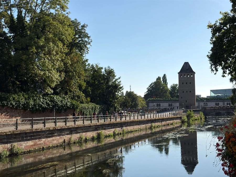 The Ponts Couverts towers in Strasbourg reflected in the Ill